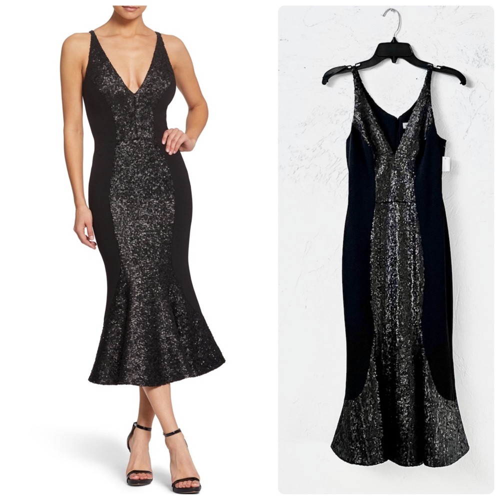 Dress The Population NWT Sequin Kyle Midi Fishtail Sheath Dress in Black/Silver